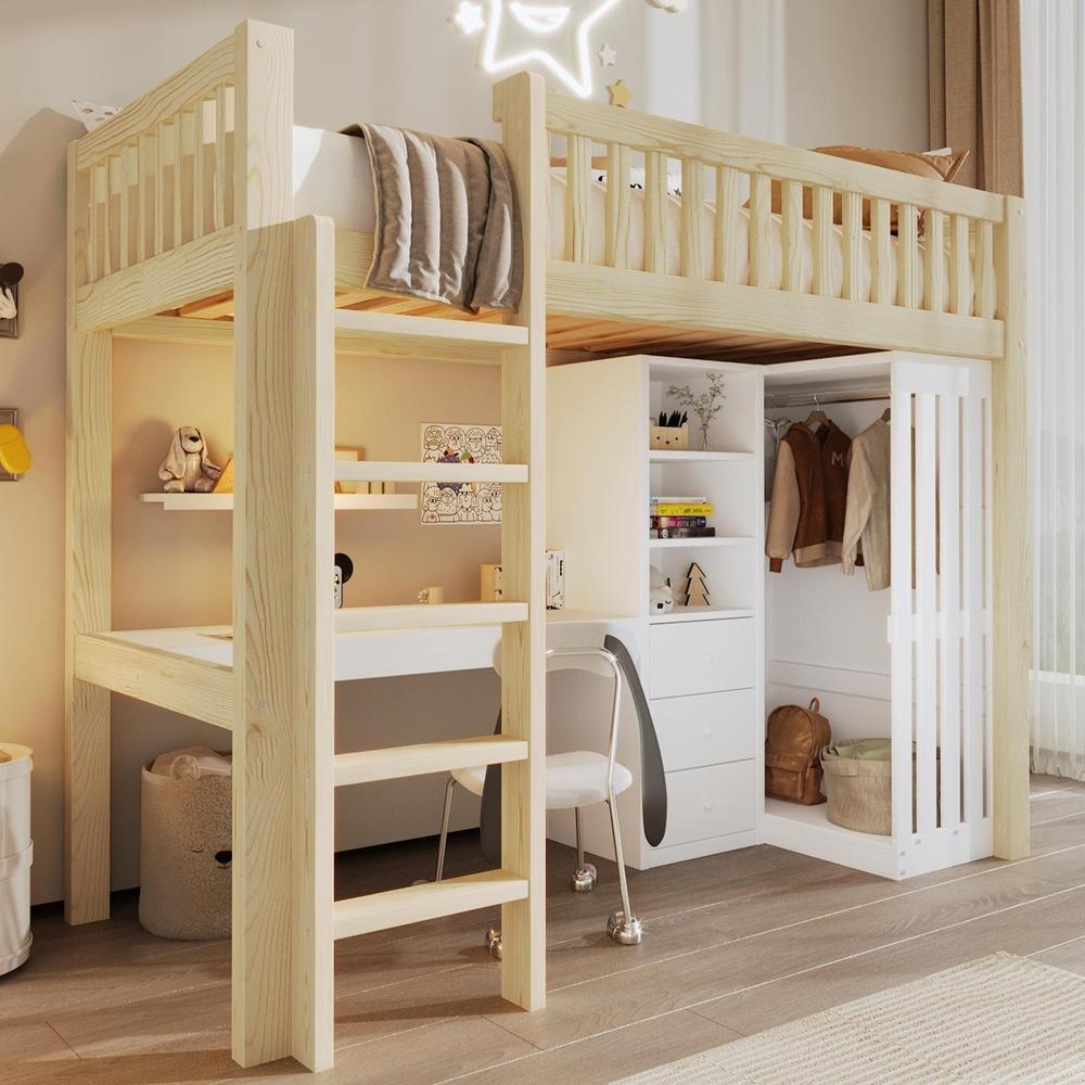 Cama alta infantil 90x200cm madeira com secretária, armário e gavetas