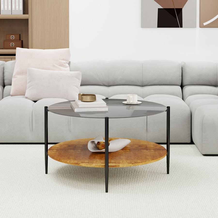 Mesa de centro redonda em vidro preto e madeira 45x82cm