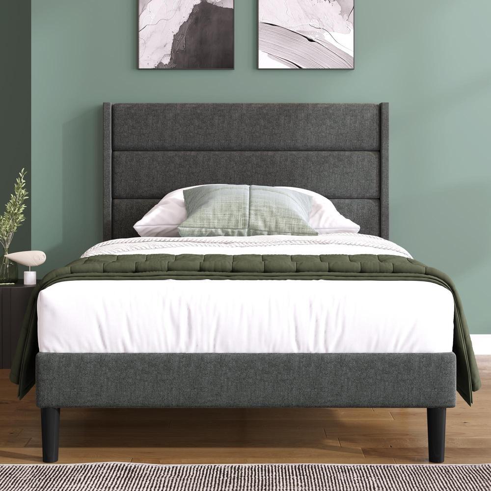 Cama estofada 90x200 cm, com cabeceira, tecido linho, cinza, design moderno
