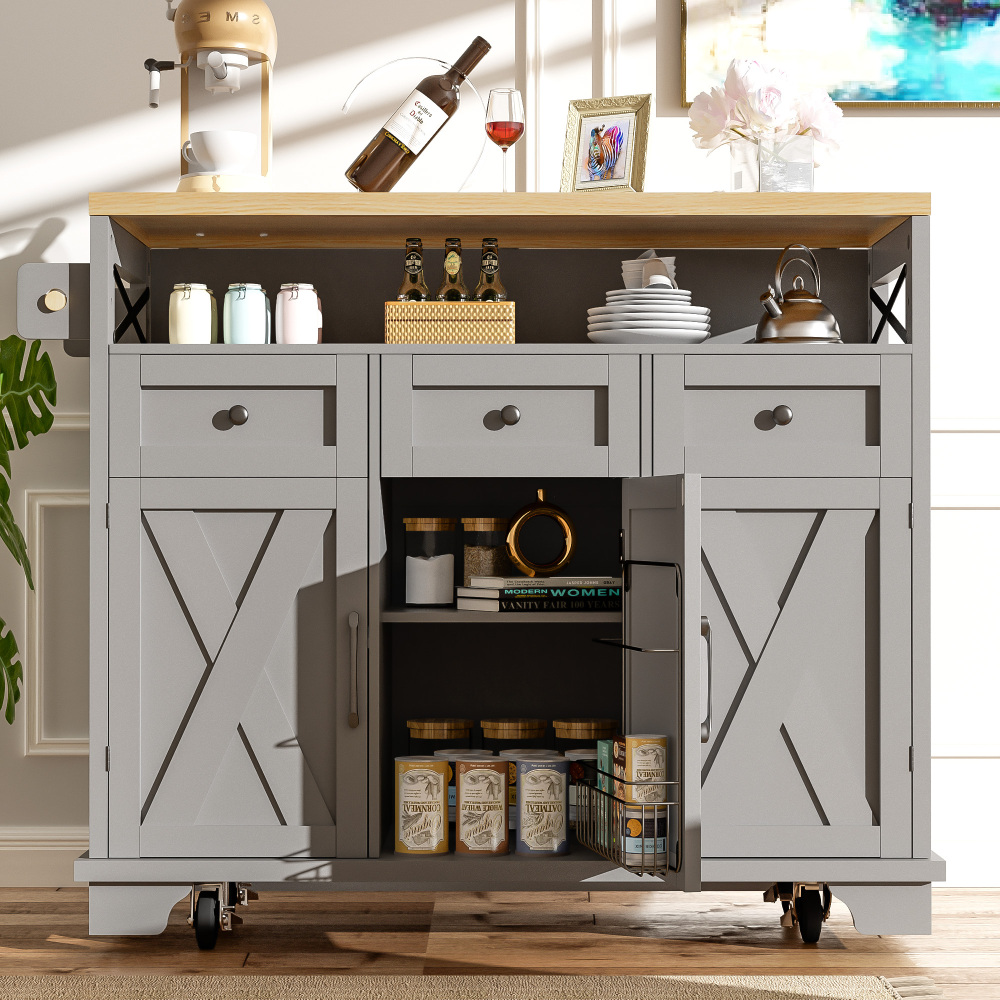 Ilha de cozinha com rodas e tampo dobrável em mdf cinzento 118 cm