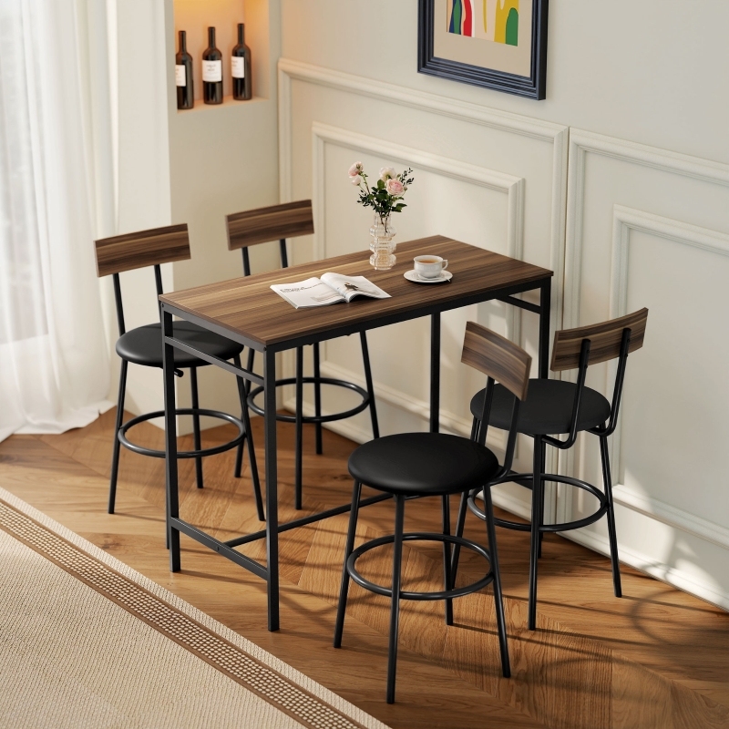 Conjunto de mesa alta com 4 bancos em madeira castanha estilo industrial