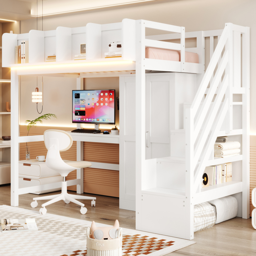 Cama alta 90x200cm com secretária roupeiro e arrumação madeira – branco