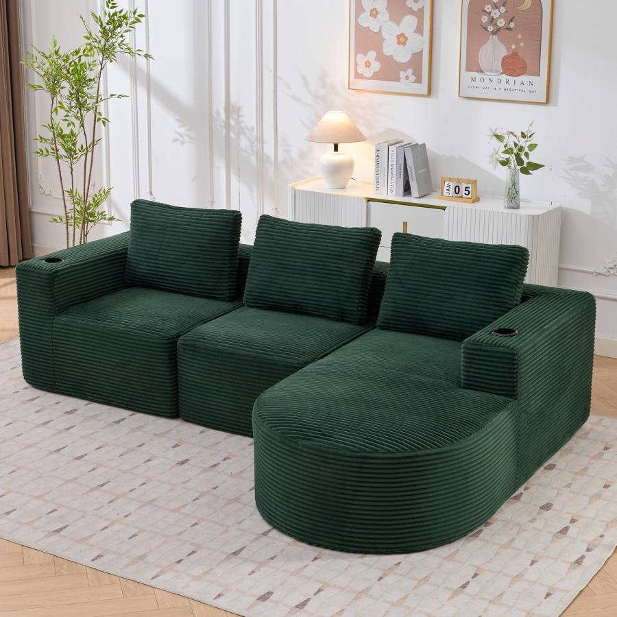 Sofá 2 lugares estofado verde retro com 3 almofadas e porta copos