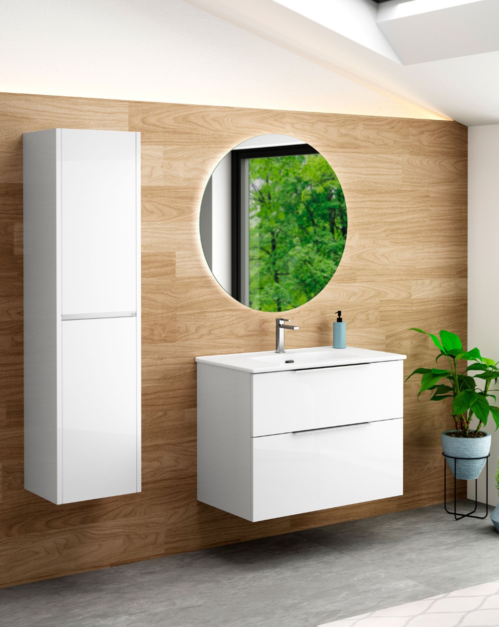Mobiliário de banho de parede com lavatório em cerâmica | 100 cm - branco