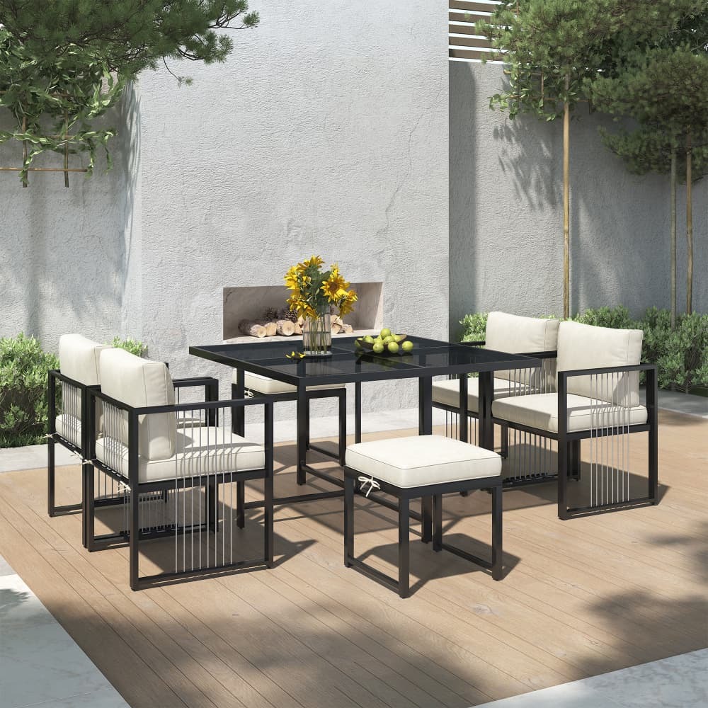 Conjunto exterior 6 lugares mesa 117x117cm vidro preto
