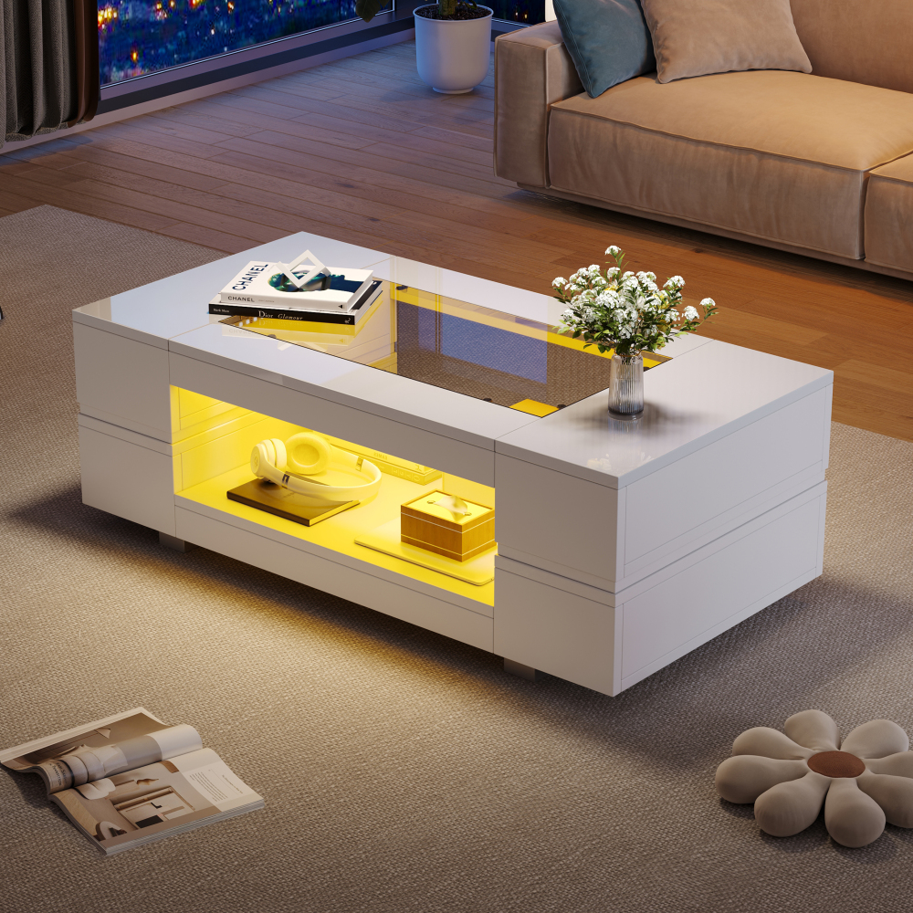 Mesa de centro com LED vidro branco 35x100x50cm