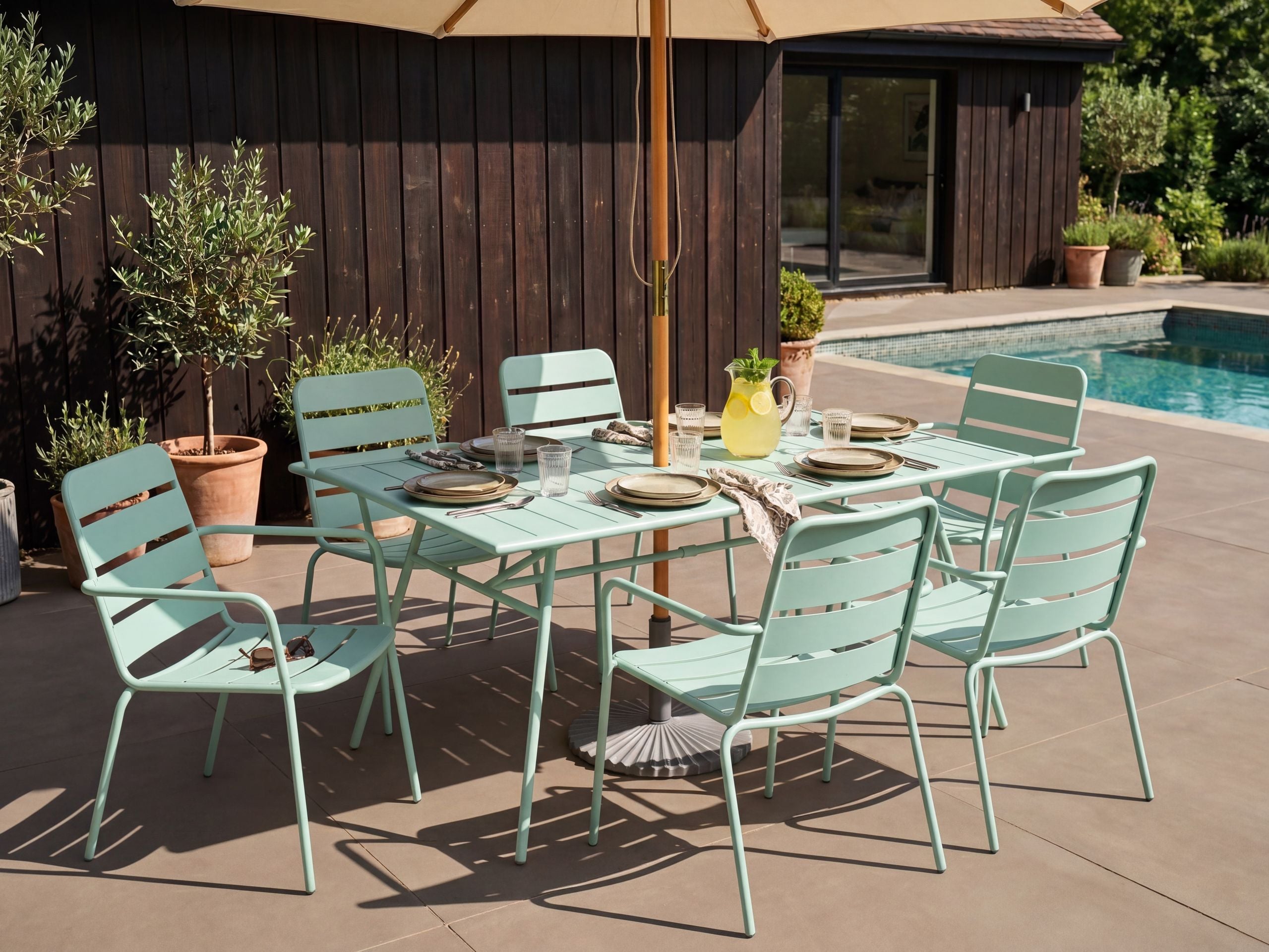 Conjunto de refeição de jardim 6 lugares terenzo metal verde menta