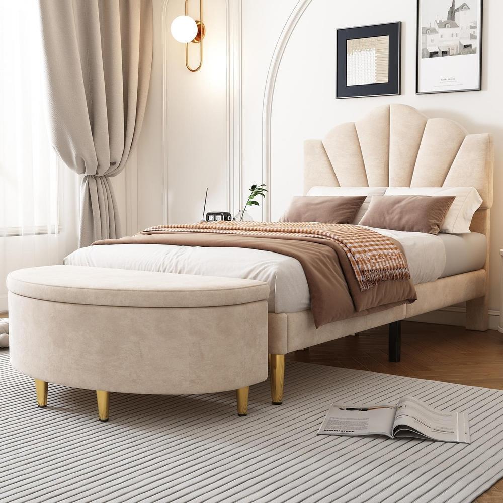 Cama 90x200cm veludo cabeceira ajustável arrumação bege