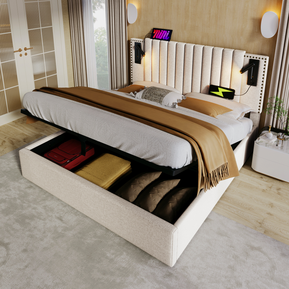 Cama de casal 180x200cm com arrumação luz de leitura e usb aLGodão bege