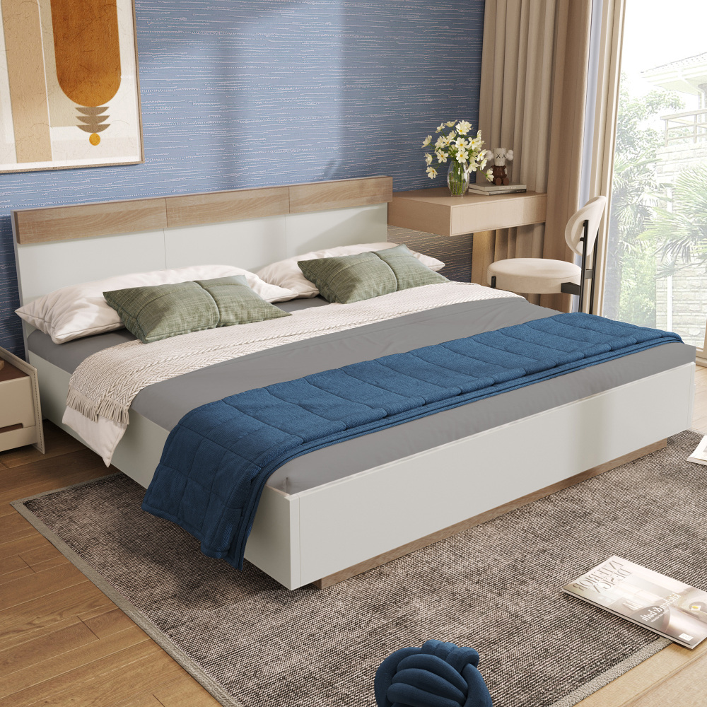 Cama de casal 140x200cm com cabeceira e estrado madeira branco e carvalho