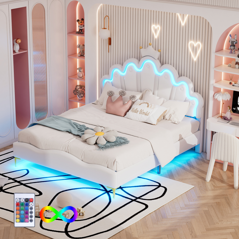 Cama de casal 140x200cm com luz LED e coroa pele sintética – branco