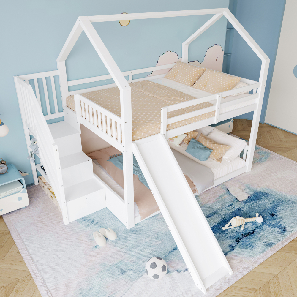 Beliche casa 140x200cm com escada arrumação e escorrega madeira – branco