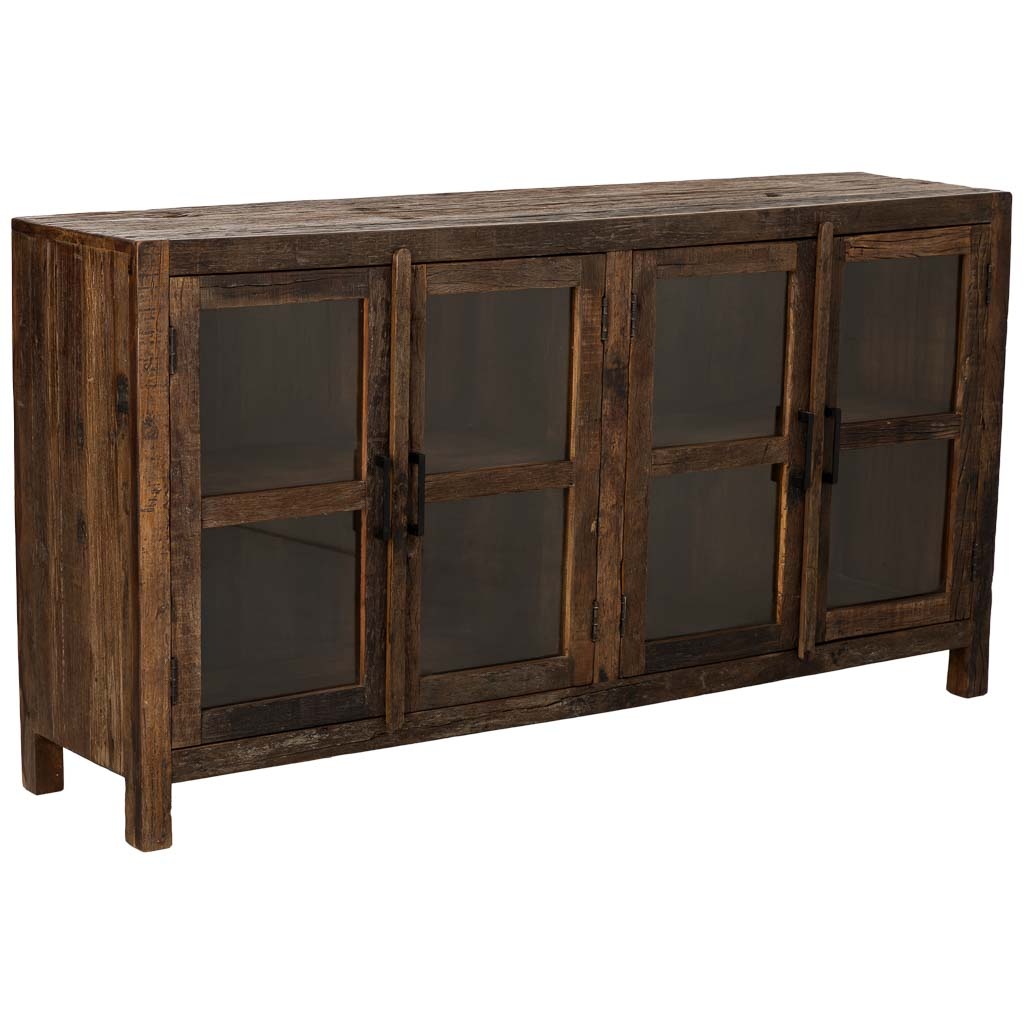 Aparador artesanal em madeira com 4 portas castanho, 170x40x90cm