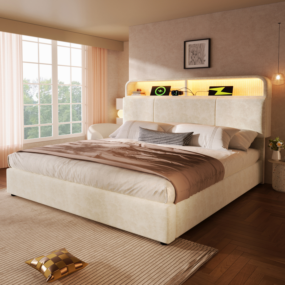 Cama de casal 140x200cm com arrumação, LED e usb – bege