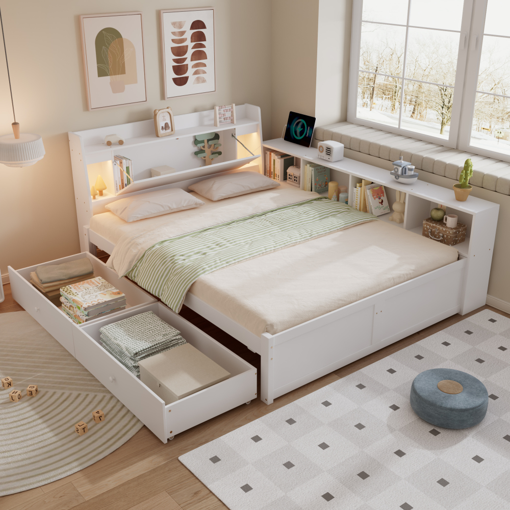 Cama de casal 140x200cm com arrumação luzes e tomada madeira – branco