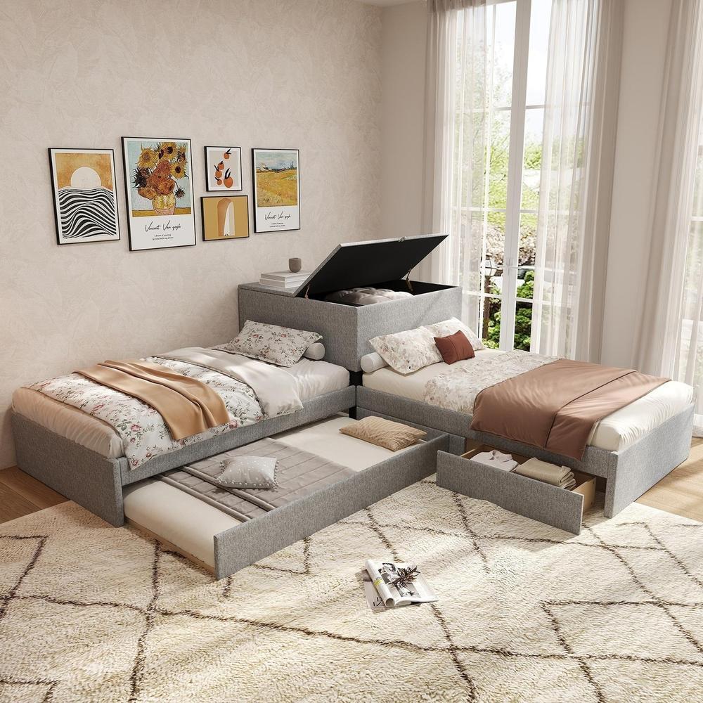 Cama de canto 90x200cm com cama gavetão, arrumação e gavetas cinza