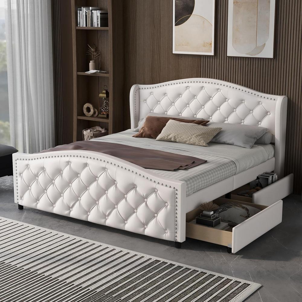 Cama 140x200cm, 2 gavetas, estrado de ripas, cabeceira alta branca