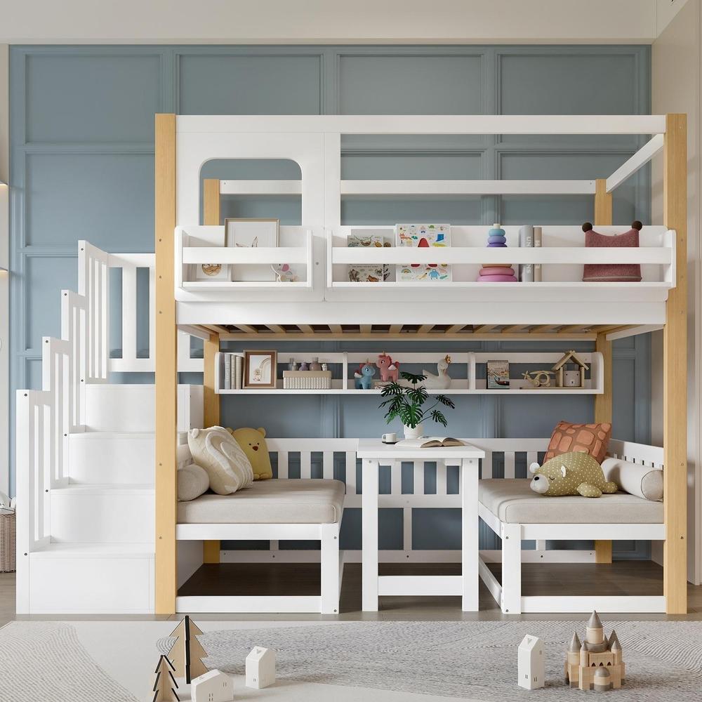 Beliche infantil 90x200cm com mesa ajustável e escada, branco natural