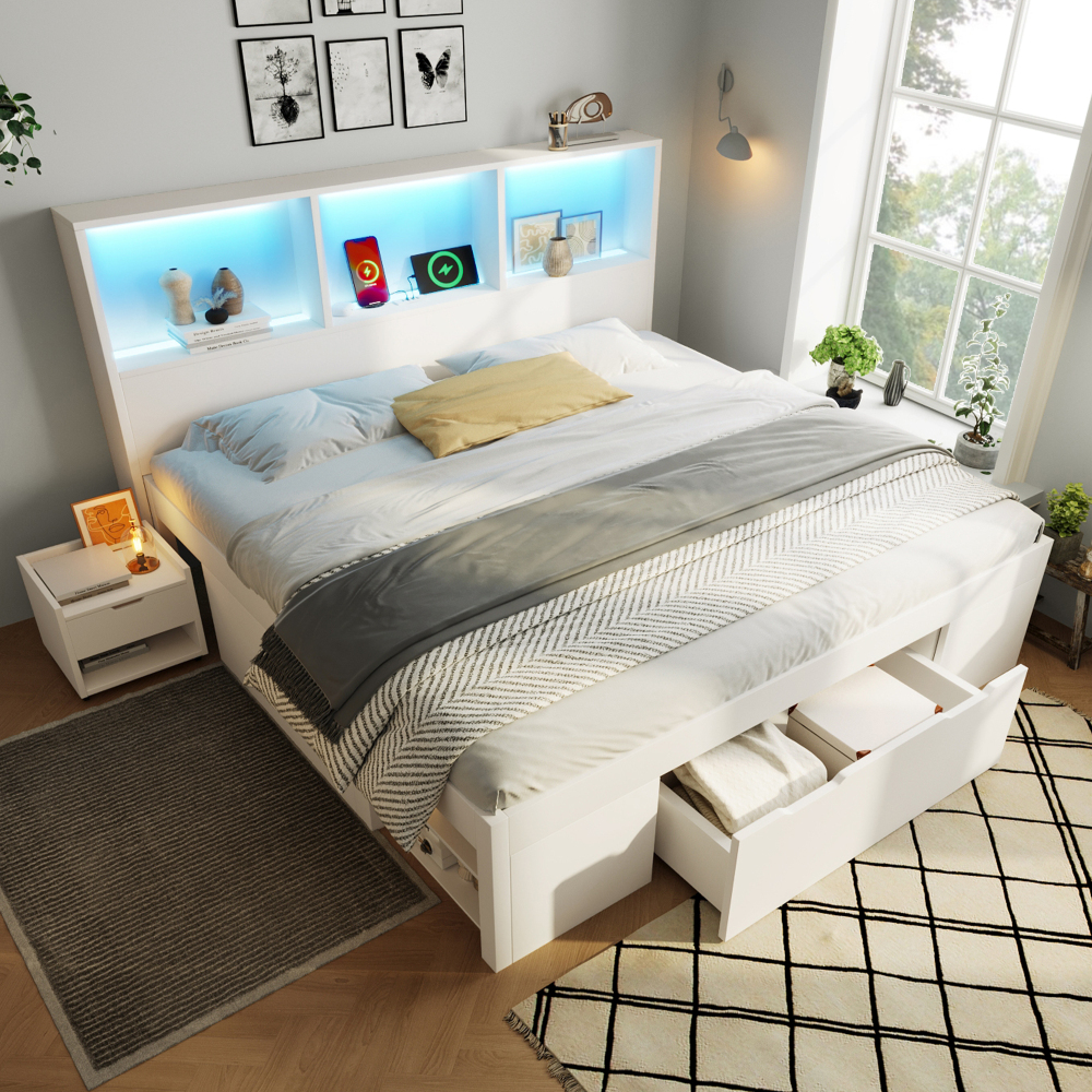 Cama de casal 140x190cm com arrumação mesas cabeceira madeira branca