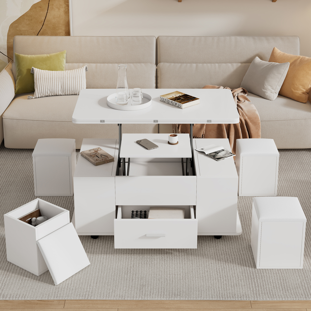 Mesa de centro elevável com rodas e 4 bancos branco 45x100x50cm