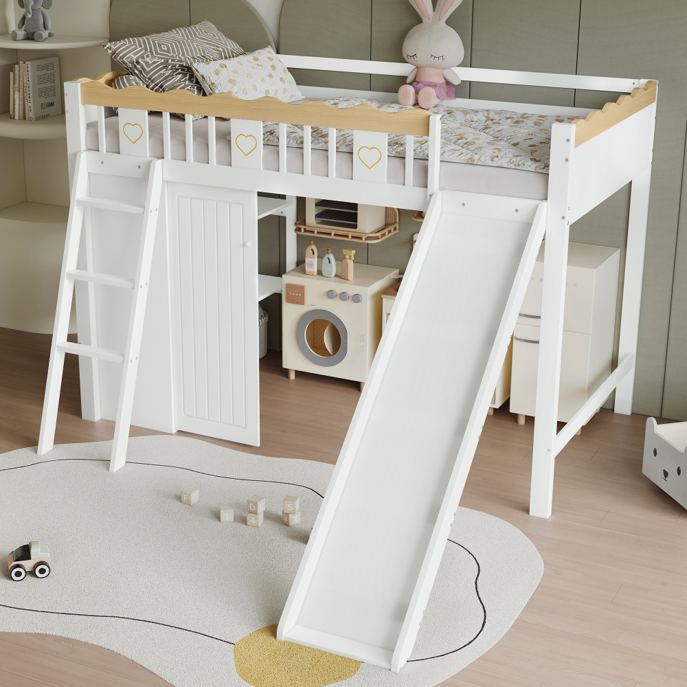 Cama alta 90x200cm com escorrega e arrumação madeira branco natural