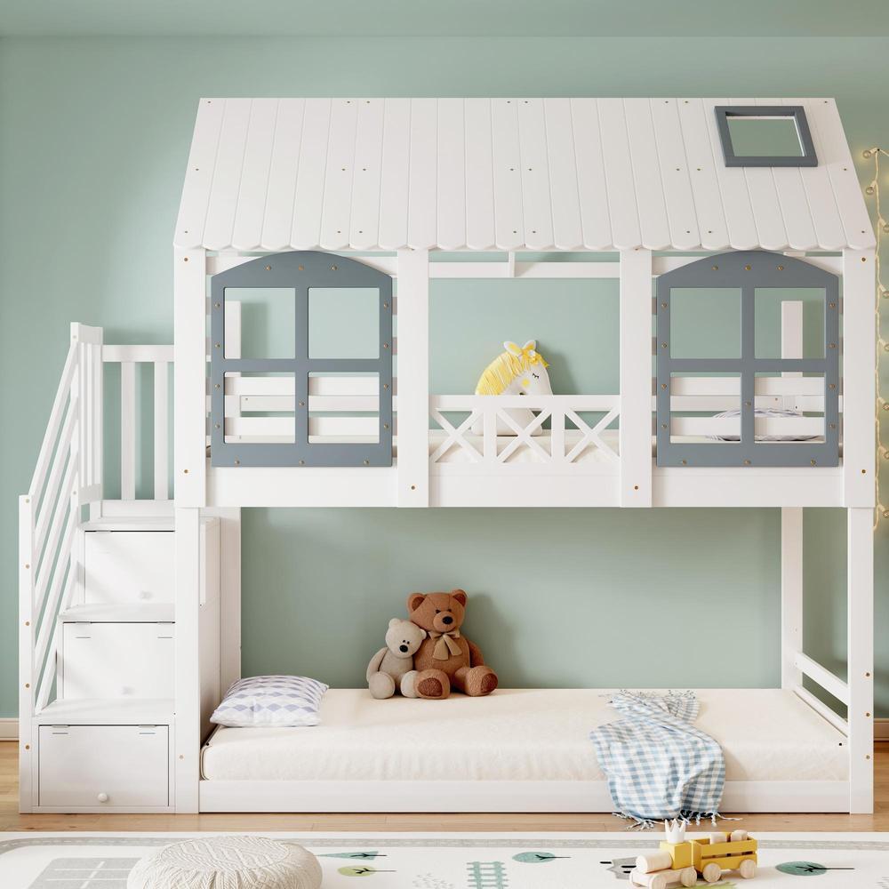 Beliche infantil 90x200cm, escada com 3 nichos, grade branca