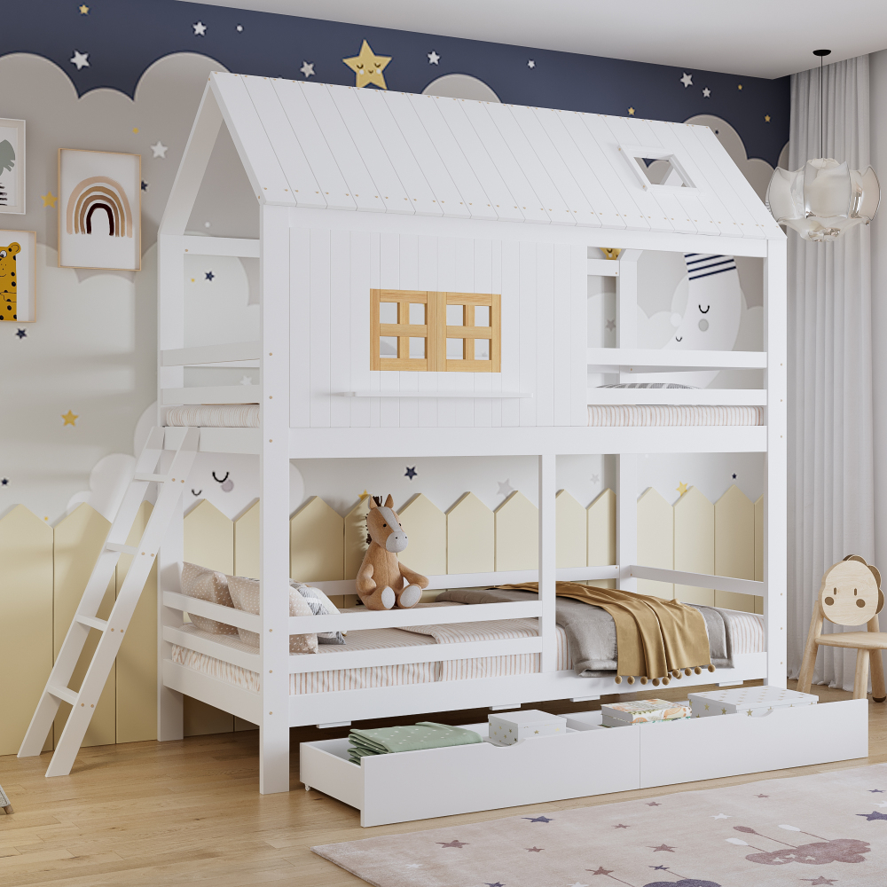 Beliche infantil 90x200cm com janelas e arrumação madeira branco e natural