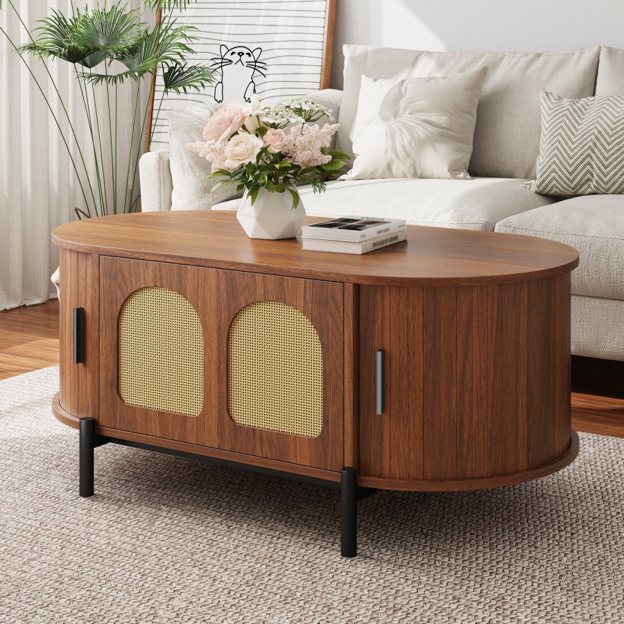 Mesa de centro com arrumação rattan nogueira 40x100x50cm