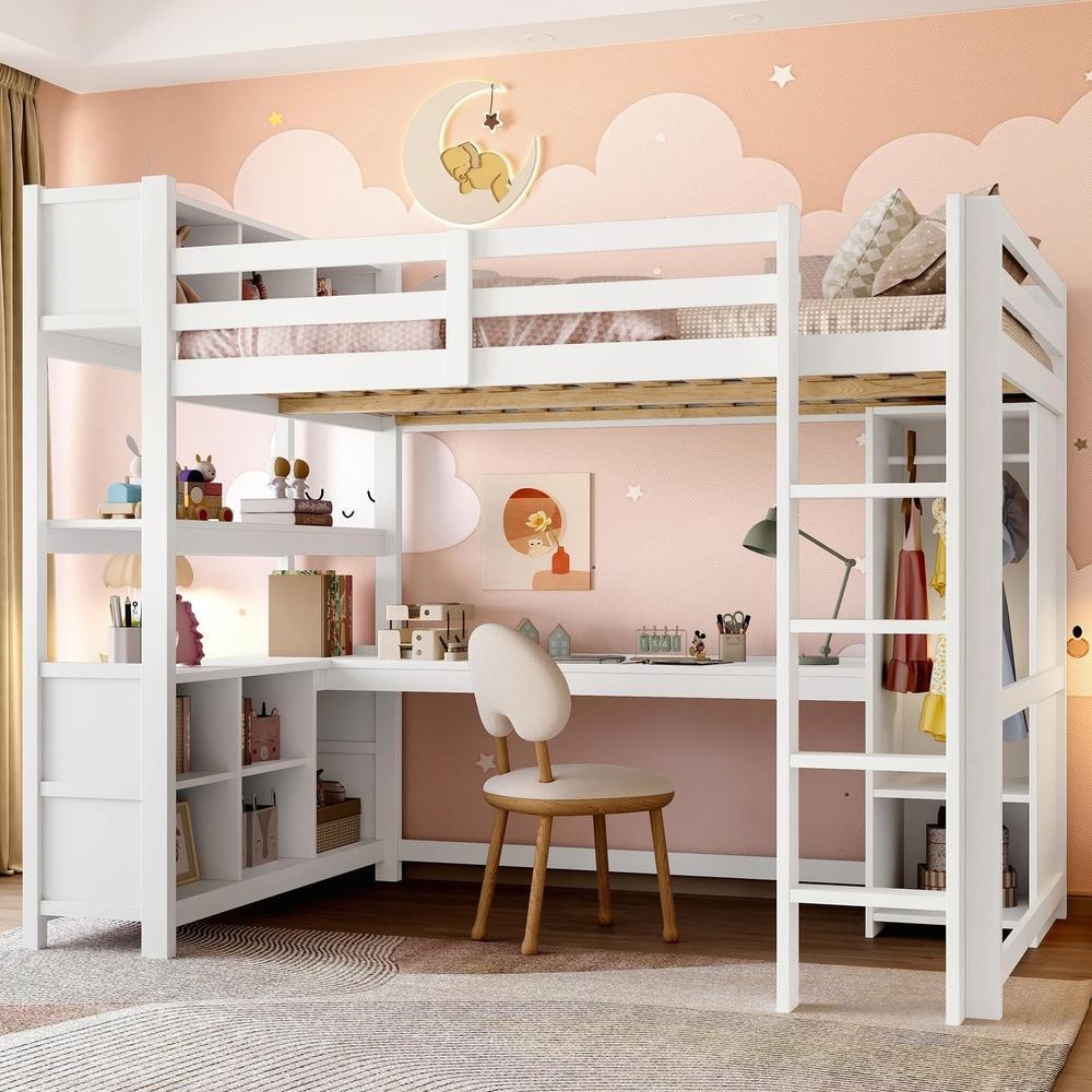 Cama loft criança 140x200cm com secretária, armário e estantes branca