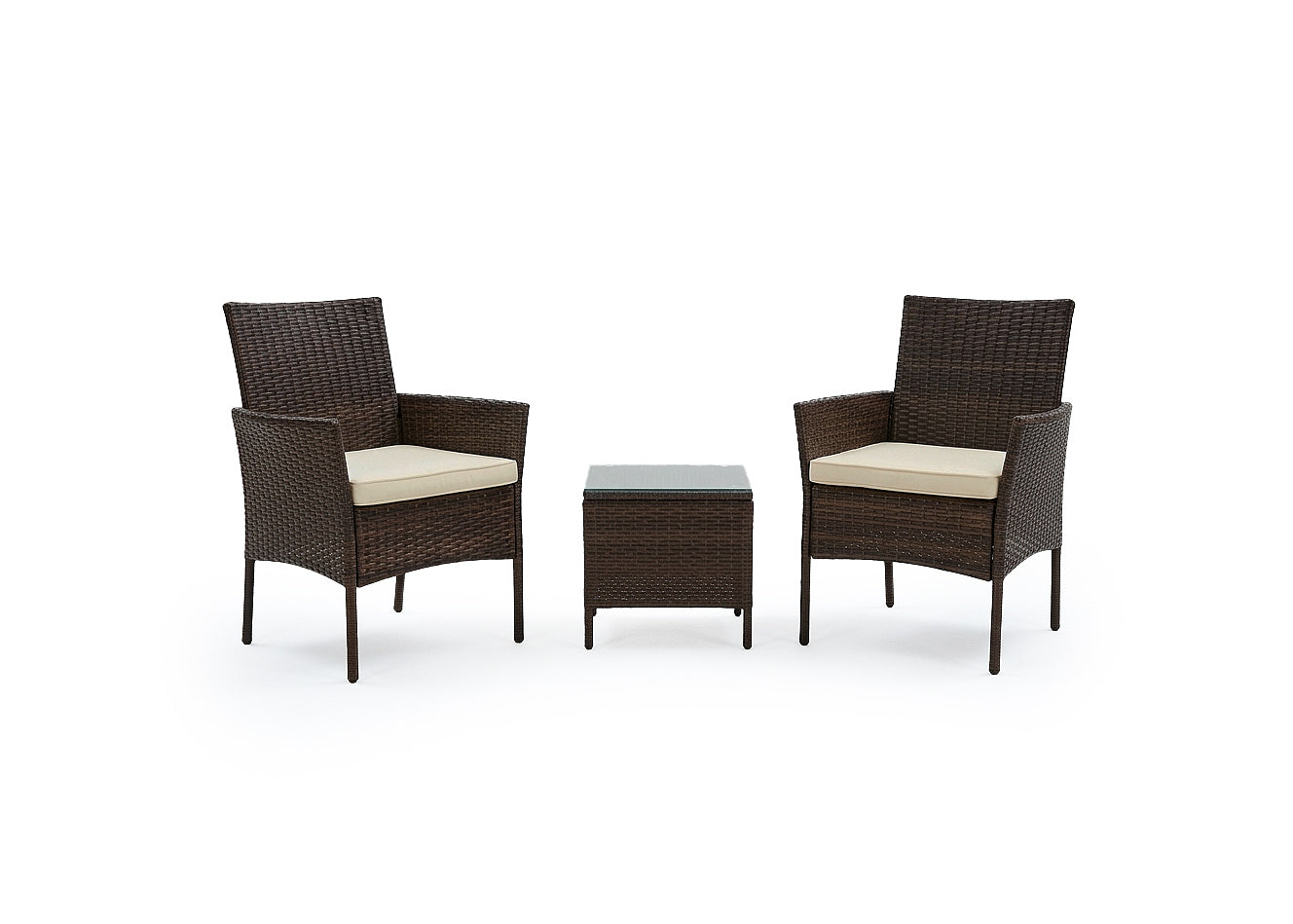 Conjunto de mesa e 2 cadeiras em rattan pe. Mobiliário para jardim e