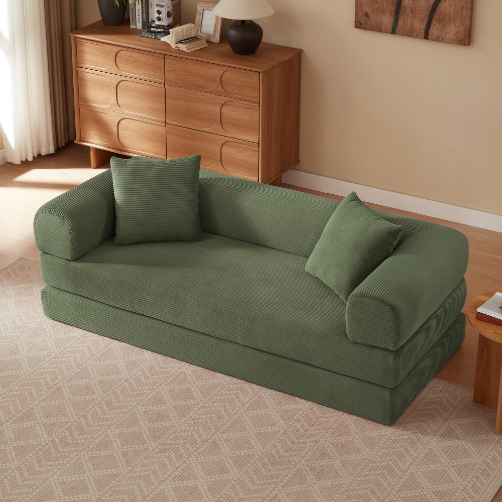 Sofá cama dobrável modular em veludo verde para 2 lugares