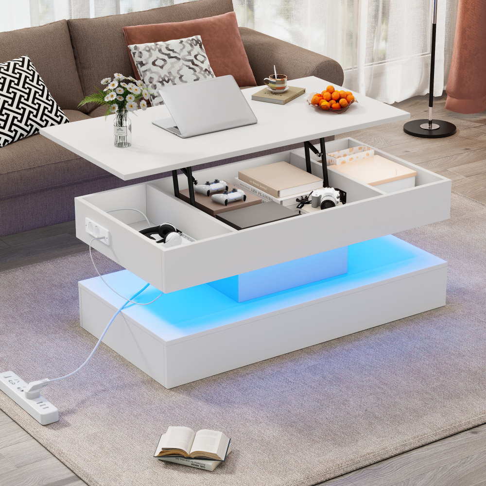 Mesa de centro com LED elevação e tomadas branco 42x100x50cm