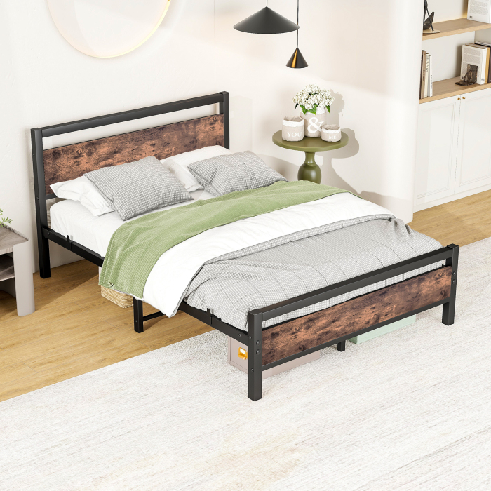 Cama de casal 140x190cm com arrumação mdf e metal – castanho antigo