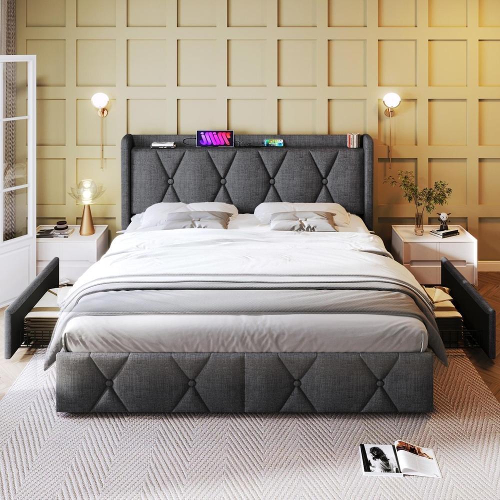 Cama 140x200cm cinzenta com usb, tomadas, 4 gavetas e estrado de ripas
