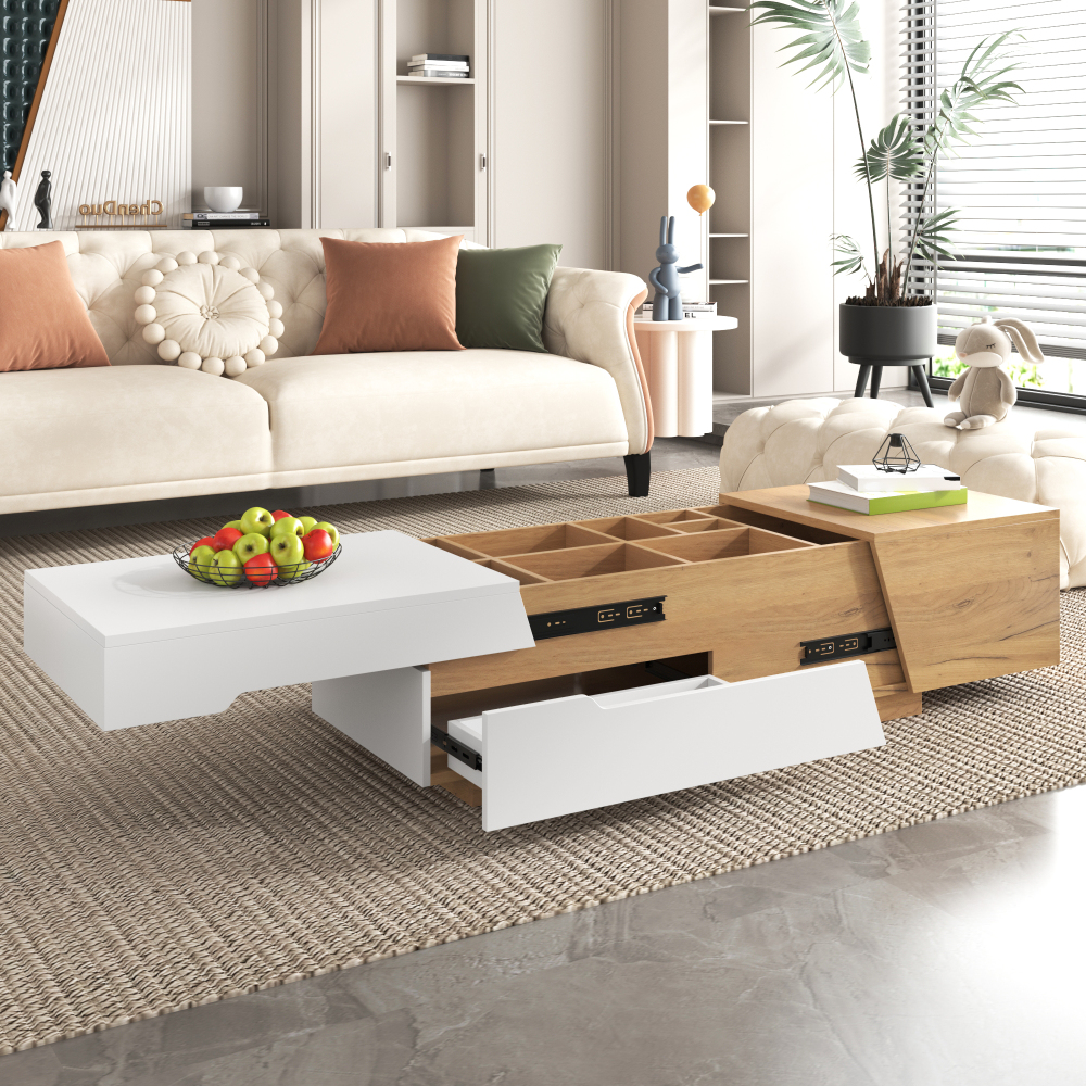 Mesa de centro com deslizante e 2 gavetas natural e branca 37,5x120x50cm
