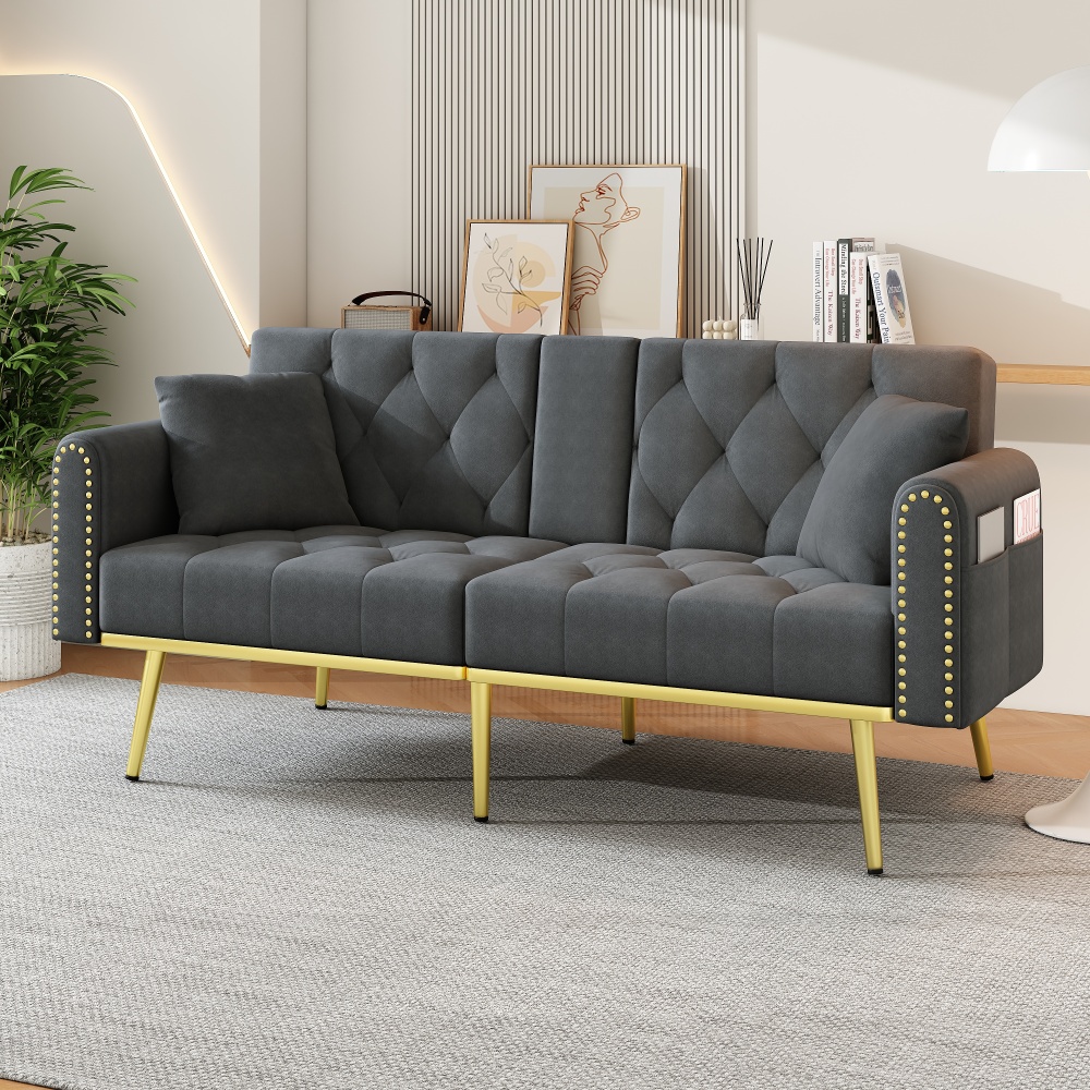 Sofá-cama veludo cinzento 2-3 lugares encosto ajustável porta-copos