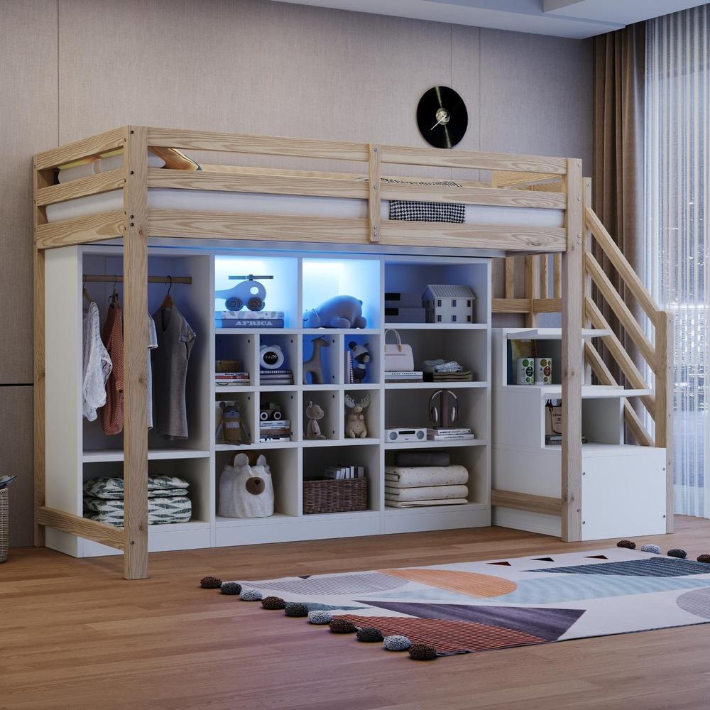 Cama alta 90x200 com roupeiro, prateleiras, escada e LED