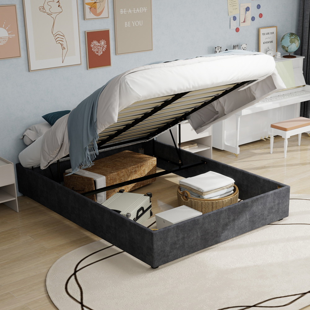 Cama estofada 160x200cm com estrutura tecido e metal – cinzento