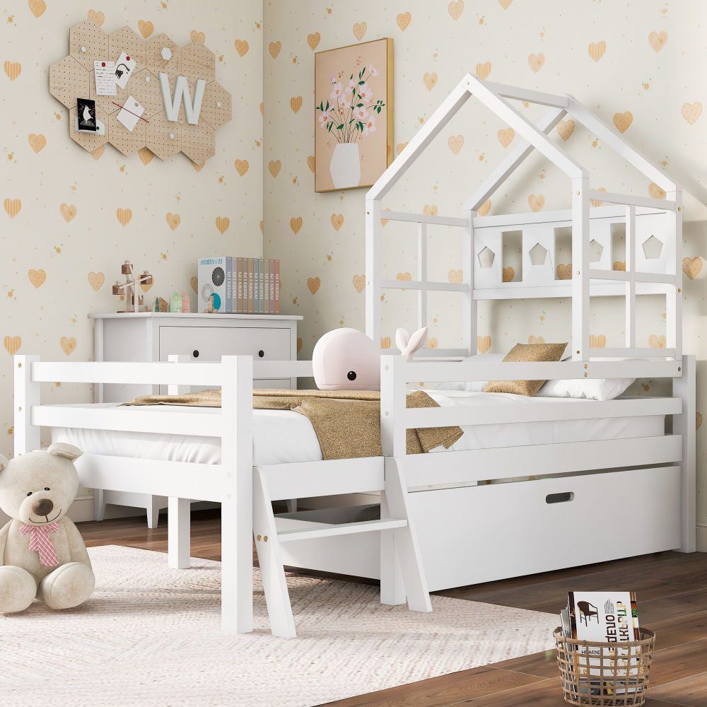 Cama infantil alta 90x200cm com escada e gaveta madeira cor branca