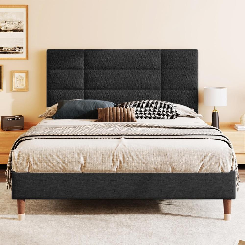 Cama 140x200 cm com cabeceira estofada, cor preta, sem colchão