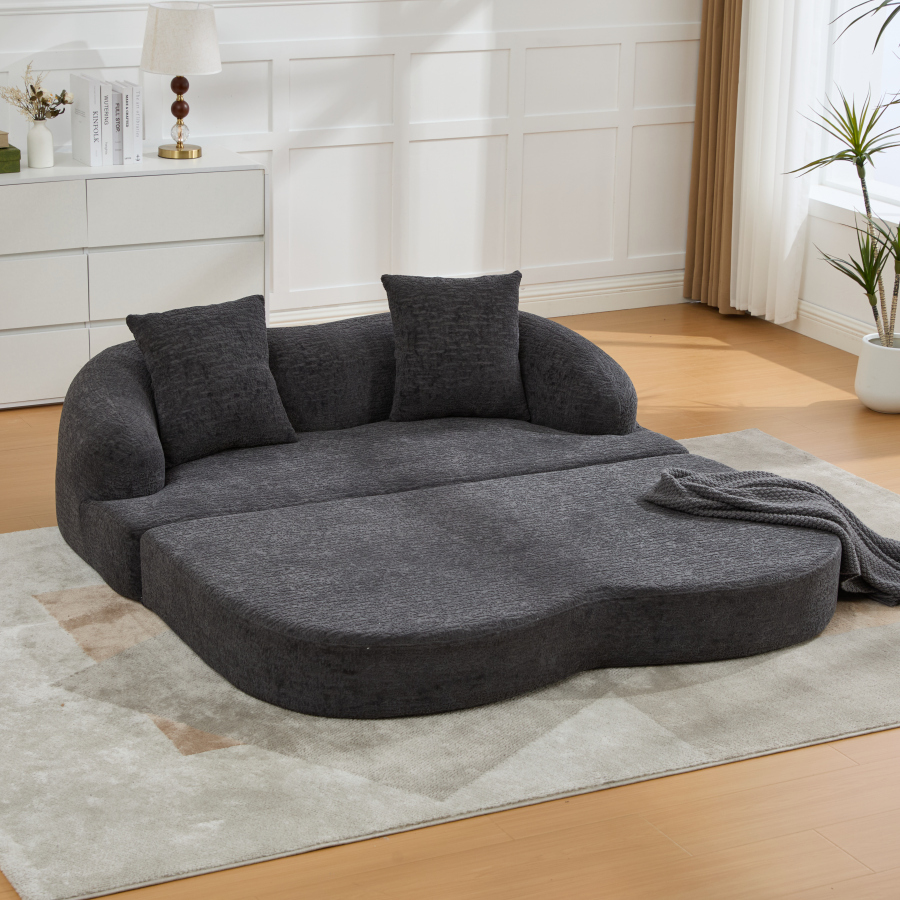 Sofá-cama 2 lugares em chenille cinzento escuro com almofadas