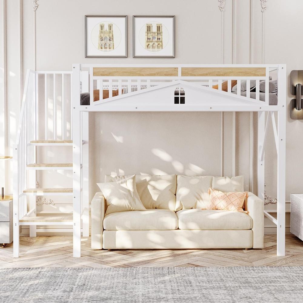 Cama alta metálica 90x200cm com guarda-corpos e escada, branco