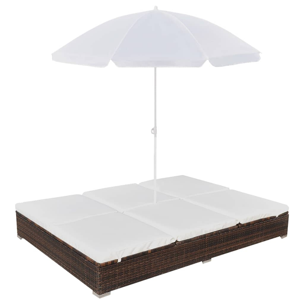 Espreguiçadeira de exterior com guarda-sol vime pe castanho