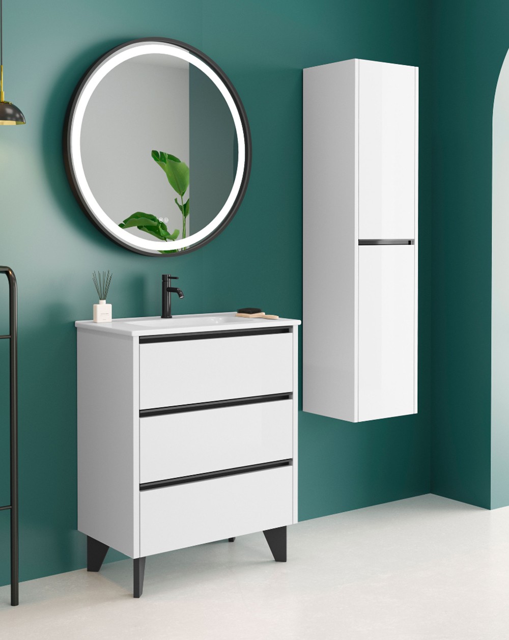 Armário de banho montado com pia de lavagem em cerâmica 60cm - branco preto