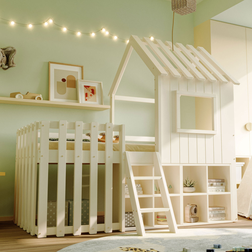 Cama casinha 90x200cm com arrumação madeira – branco