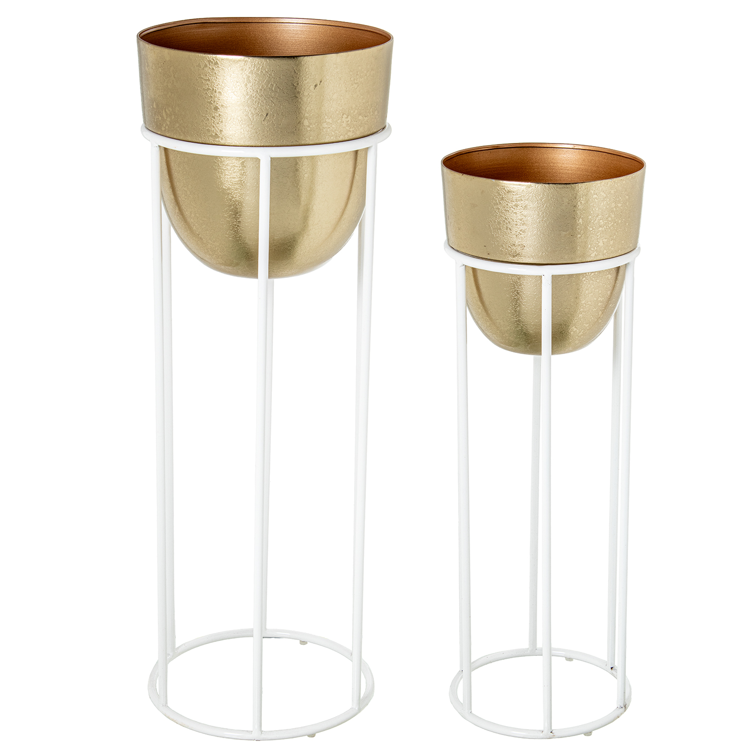 Conjunto de 2 vasos de metal dourado com pés brancos