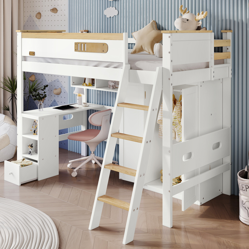 Beliche infantil 90x200cm com mesa e roupeiro madeira branco e natural