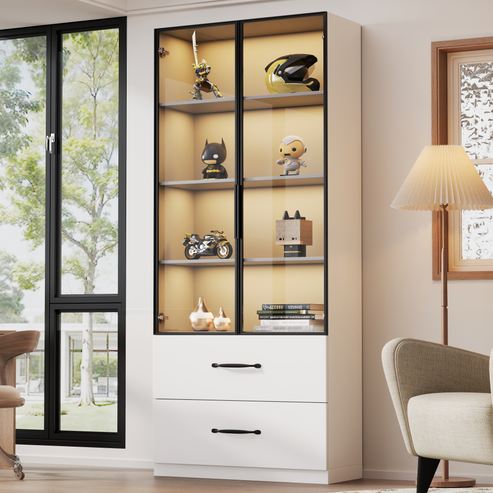 Vitrina em vidro com LED e 2 gavetas branco 160x60x40cm