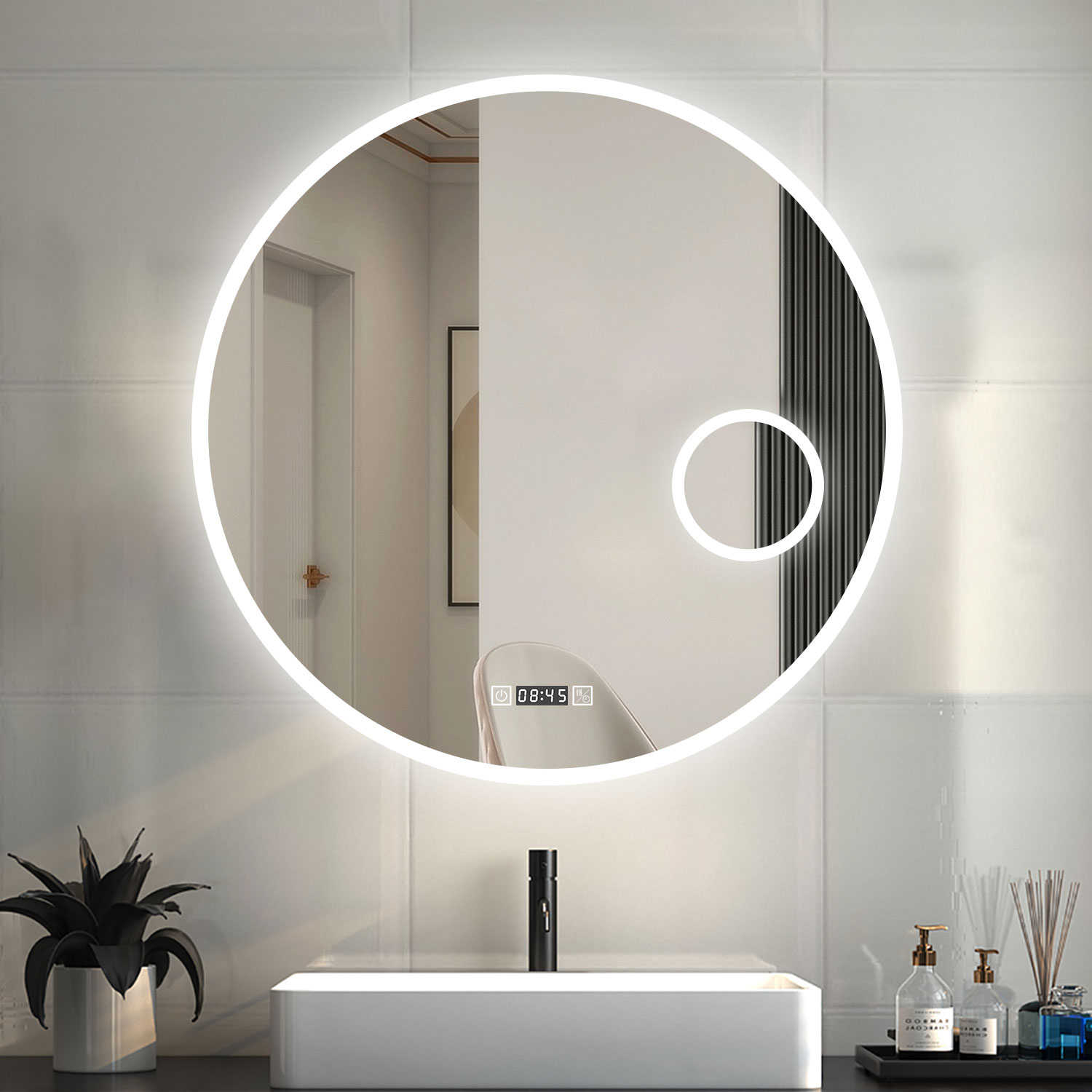 Espelho redondo de banho com LED 70x70cm com ampliação 3x+relógios