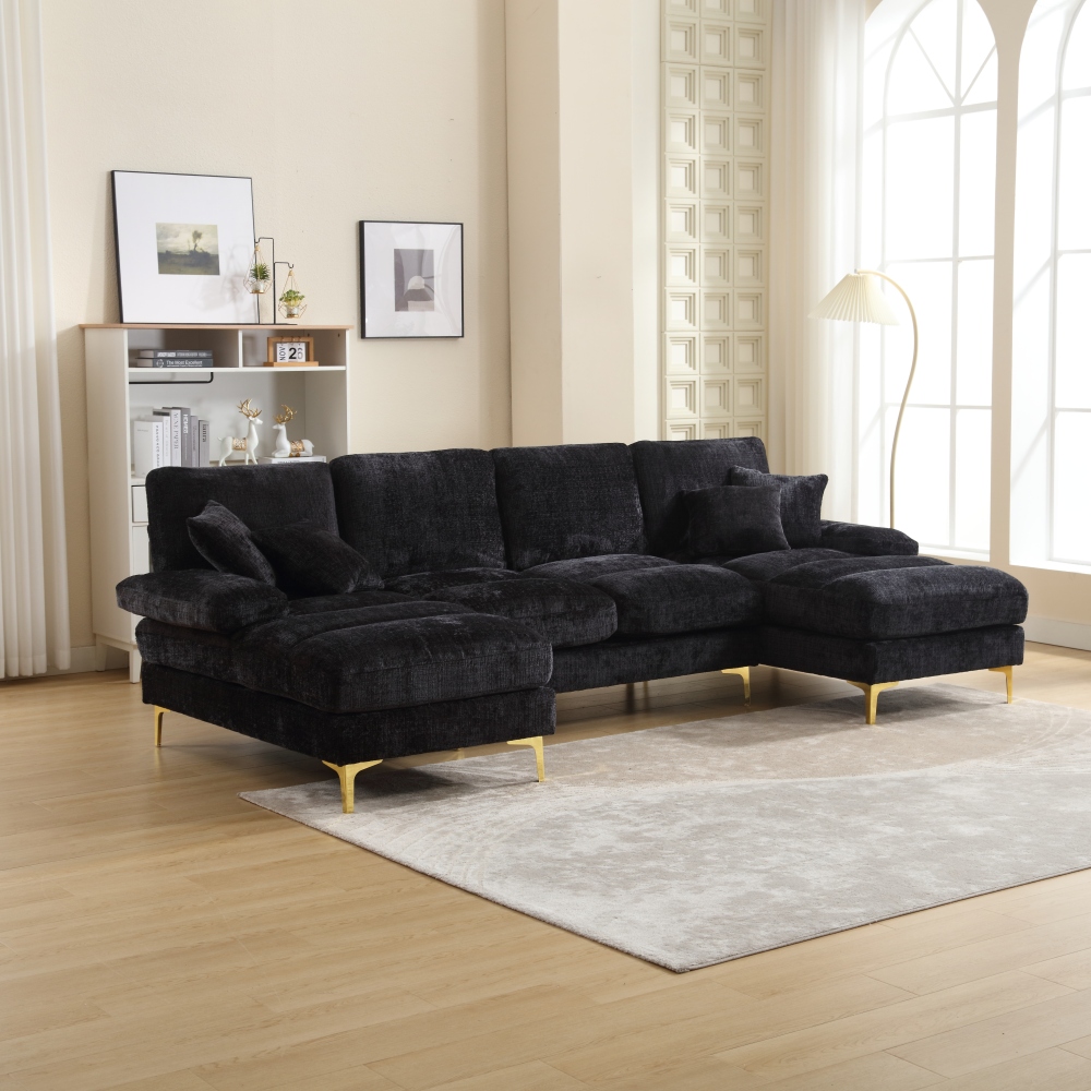 Sofá em u em chenille preto 4 lugares com duas chaise longue